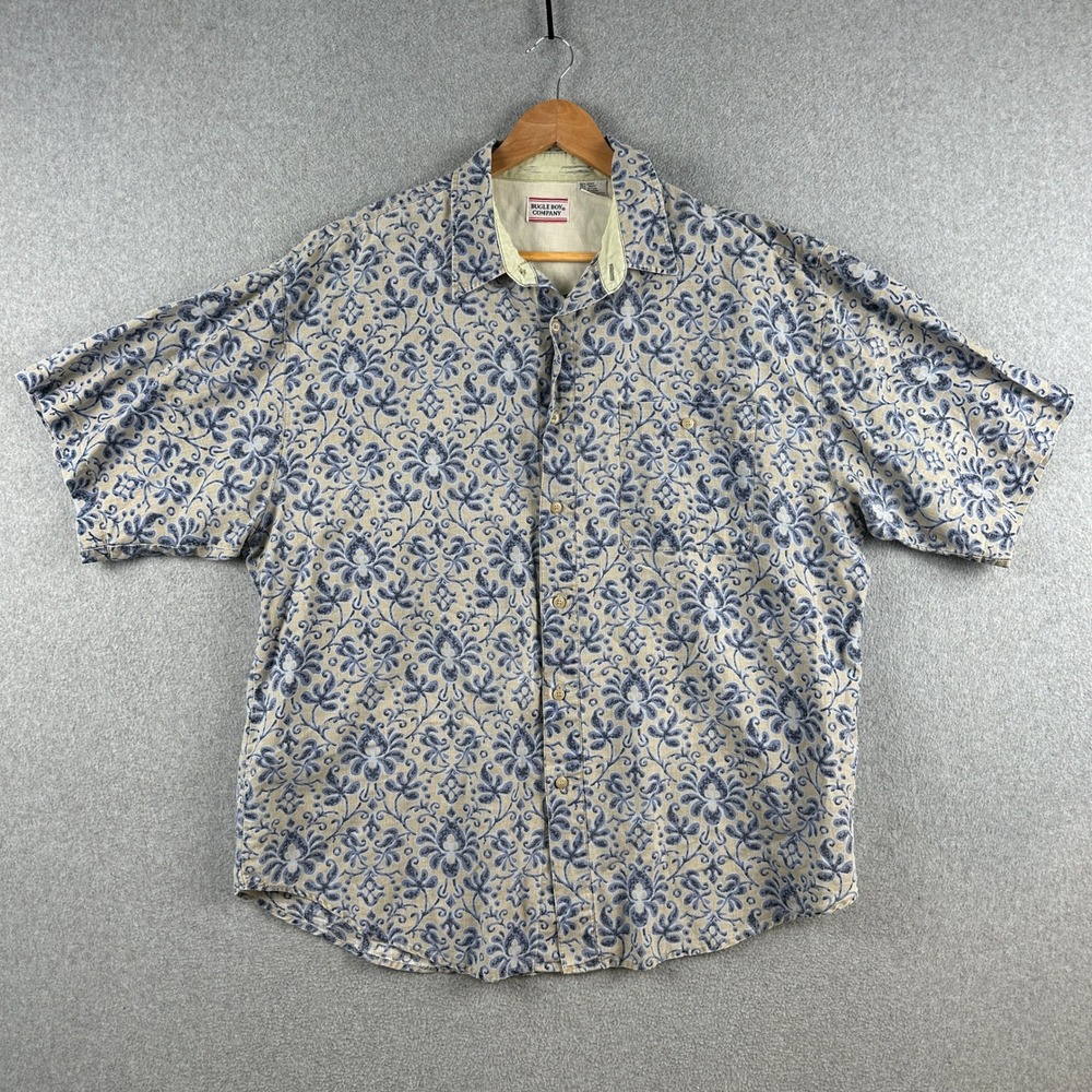 Bugle Boy Shirt Men XXL Tan Blue Damask Paisley Ramie Cotton Short Sleeve Button